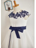 Navy Blue Lace Ivory Satin Organza Classic Wedding Flower Girl Dress 